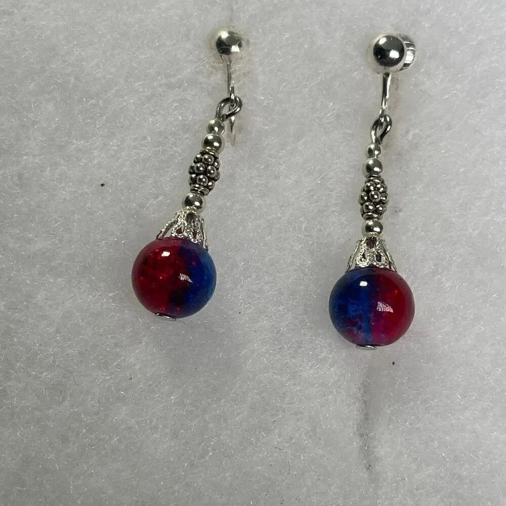 Vintage crackle glass red blue silver colored dangle earrings clip style